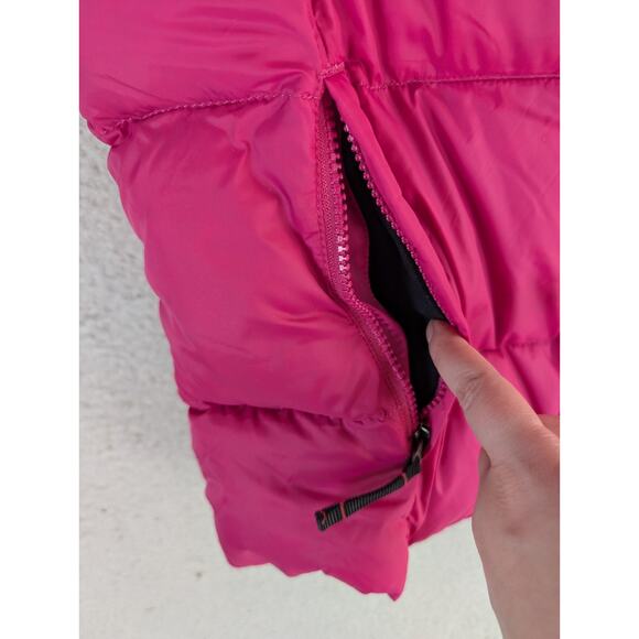 LL Bean Goose Down Vest Pink Womens Medium Removable Hood Fur Trim Zip Pockets - Picture 10 of 16